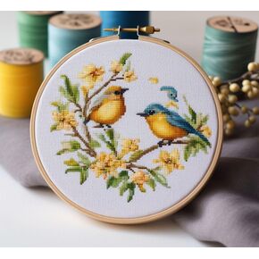Blue Birds Cross Stitch Kits with Hoop for Beginners Stamped Cross-Stitch Supplies Needlework DIY 11CT 3 Strands Cotton Thread Printed DIY Needlepoint Kits 35×35cm (CB01)