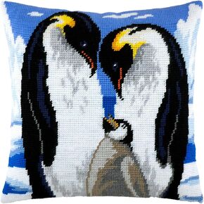 Brvsk Ferine Stamped Cross-Stitch Kit for Adults and Beginners — Penguins in Love 16″ × 16″ with Clear, Precise Printed Design on Cotton Canvas; Includes 2 Needles, Yarn, and Easy-Read Chart