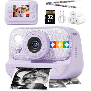 Instant Print Camera for Kids, Christmas Birthday Gifts for Girls Boys Age 3-12, Thermal Printing Instant Camera,1080P Digital Video Portable Travel Toddler Toy Camera Purple