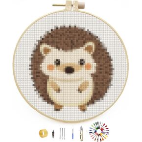 Easy Stamped A Cute Cartoon Hedgehog Cross Stitch Kits for Beginners with Hoop Simple Patterns 11CT Counted Embroidery Needlepoint Crafts Arts for DIY Enthusiasts and Home Decor 22x22cm(2)