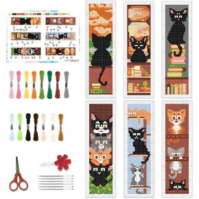BEUNITONE 6 Pcs Cat Cross Stitch Bookmark Kit for Adult Beginners DIY Cute Stamped Embroidery Bookmark with Instructions Mini Cross Stitch Kits for Friends Birthday Gifts 2.4x7.9 in