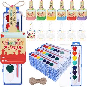 36 Pack Valentines Painting Gifts for Kids Painting Valentines Day Cards Mini Watercolor Kids Paint Set Bulk 8 Color Tray with Paint Brush for Boys Girls Class Exchange Art Party Favor