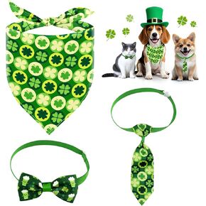 St. Patrick's Day Dog Bandanas Set, Triangle Reversible Green Shamrock Pet Scarf Bow Tie Pet Necktie for Boys and Girls, Premium Durable Fabric, Holiday Bandana for Medium and Large Dogs