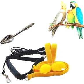 Bird Harness, Cockatiel Harness, Conure Harness and Leash, Parakeet Leash for Budgies, with Feeding Spoon, for Parrot Training (Yellow L)