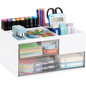 LETURE Office Desk Organizer with 2 Drawers and 4 Compartments, Plastic Desktop Stationary Organizer Storage, Pen/Pencil/Business Card/Sticky Note Tray/Paperclip Holder Storage Box (White)