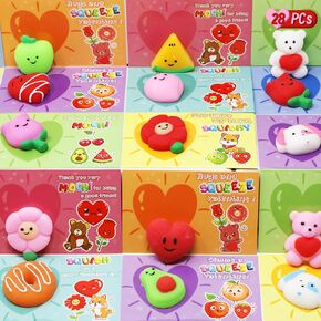 28 Packs Kawaii Mochi Squishy Greeting Cards for Kids School Classroom Valentine's Exchange Party Favors