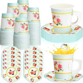 100 Pcs Tea Party Decorations Includes 50 7 oz Paper Tea Cups with Handle 50 Vintage Floral Plates Disposable Tea Cups and Saucers for Wedding Spring Party Birthday Hot Cold Drinks(Blue)