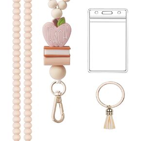 Teacher Lanyard with ID Holder Handcrafted Wooden Bead Retractable Boho Lanyard for ID Badges - Elegant with Swivel Clasp - Professional & Stylish Office Accessory-Mysuevin (A)