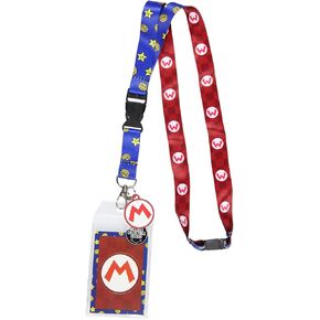 Nintendo Super Mario and Star Logo Reversible Breakaway Keychain Lanyard ID Holder, Rubber Mario Charm and Sticker