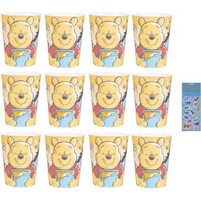 Unique Winnie the Pooh Birthday Baby Shower Party Supplies Bundle Pack includes 12 Reusable Plastic Cups and 1 Dinosaur Sticker Sheet