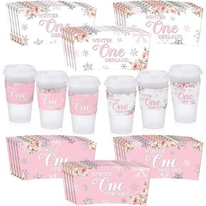 Lincia 30 Pcs Winter Onederland 1st Birthday Girl Pink Coffee Cup Sleeves Disposable Winter Onederland Birthday Decorations Party Supplies Baby Shower Decoration for Girl