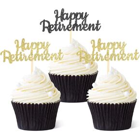 36 Pcs Happy Retirement Cupcake Toppers Official Retirement Food Picks Glitter Retired Cupcake Picks Adventure Begins Farewell Theme Party Cake Decorations for Birthday Supply(Black, Gold)