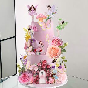28 PCS Fairy Cake Toppers Mushroom House Cake Decor Butterfly Cake Decor Fairy Garden Topper Fairy Party Supplies Flower Cupcake Toppers