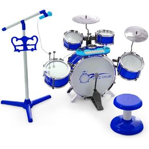 مجموعة مفاتيح Costzon Kids Drum مع حامل البراز والميكروفون ، طبل موسيقى الجاز مع لوحة مفاتيح رقمية متعددة الوظائف ، مجموعة DJ ، حامل الموسيقى ، لعبة الإيقاع لـ 3+ الأولاد والبنات (الأزرق)