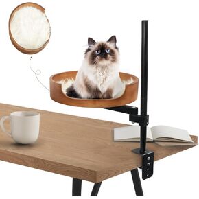 Cat Desk Bed,Desk Cat Bed Attachment Oval Cat Bed for Desk Indoor Cats up to 25 lbs, Pet Bed for Kitten 360°Rotation & Adjustable Height,45°Rotating Rod,Walnut