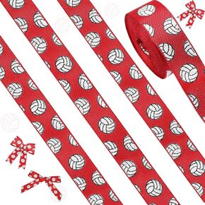 ROCEEI 10 Yards Volleyball Ribbon 7/8-inch Glitter Satin Volleyball Craft Ribbon Sports Grosgrain Ribbon for Hair Bows Wrapping Wreaths Crafting Sewing Cheer Team Sports Party Decoration(Red)