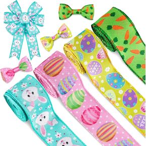 Whaline Easter Wired Edge Ribbon 30 Yard Easter Egg Bunny Rabbit Carrot Ribbon Pastel Spring Color Craft Ribbon Fabric Decorative Wrapping Ribbon Roll for Gift Hair Bow Sewing Crafts Supplies, 4 Roll