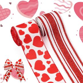 2 Rolls Valentine's Day Fabric Ribbons, Red Hearts Burlap Linen Wired Decor Ribbons, 5 Yards Each, Perfect for Valentine's Day Party, Wedding, Gift Wrapping, Crafts & Decoration