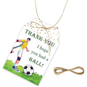 50pcs Soccer Thank You Tags, Football Gift Tag with String for Ball Themed Party, Sport Game Thank You Paper Tags for Boy Birthday Party Favors