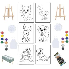 Sip and Paint Kit for Kids - 24pcs Paint and Sip Set with 6 Animal Painting 8x10 Pre Drawn Canvas, 2 Apron, 2 Pallets, 2 Stands, 10 Brushes, 2 Paint Set, Tablecloth for Adults Home Kit