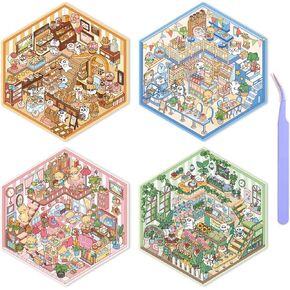 DIY 3D House Scene Stickers - 4 Sets, Warm Home, Supermarket, Bakery, Flower Shop,Cute Fun Stacking Miniature Cartoon for Adult Kids Relief Stress Pass The Time
