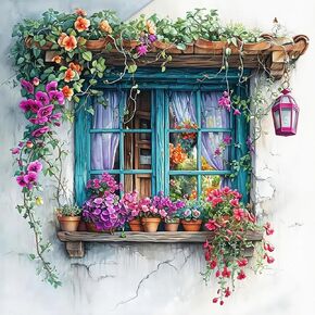 Acudotr Windows Flower Diamond Painting Kits for Adults, 5D DIY Diamond Art Kits for Beginners, Full Drill Diamond Painting Kits for Home Wall Decor, 12x12 Inch