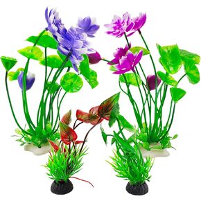 Hamiledyi 2 Pcs Artificial Lotus Flowers with Small Artificial Seaweed Plants Fish Tank Plastic Plants Decorations Purple and White-Purple Blossoms Artificial Water Plants Perfect for Aquarium Decor