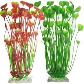 Fish Tank Decorations Plastic Plants Large, Aquarium Artificial Plants Decoration Ornament Safe for All Fish 2Pcs (Red and Green)