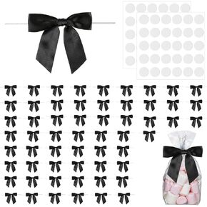 60pcs Twist Tie Bows for Treat Bags 3.5" Premade Black Mini Bows for Crafts Small Satin Ribbon Bows for Package Gift Wrapping Craft Party Favors Wedding Tableware Baptism Shower Decoration