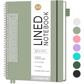 Lined Spiral Notebook 8.5" x 11", A4 Large Notebook Journal for Women Men, 110 Numbered Pages College Ruled Notebook, 100 GSM Paper, Waterproof Plastic Cover, for School Work Note Taking, Sage Green