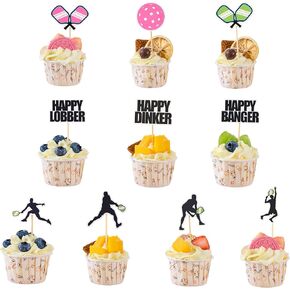 Pickleball Cupcake Toppers, 20 Pieces, Paddles, Ball, Players Silhouettes, Fun and Unique Cup Cake Topper Decorations, Pickleball Sports Theme Birthday Party Supplies, Happy Dinker