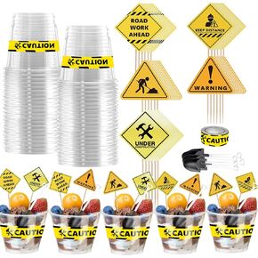 Construction Party Supplies Plastic Shovel Shape Novelty Spoons Cake Desserts Cups Construction Cupcake Toppers Stickers for Construction Themed Birthday Party decoration