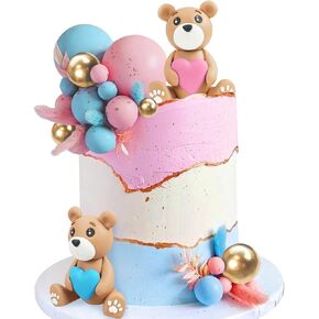 Bear Cake Toppers Bear Figurine Cake Decorations Pearl Balls For Baby Shower Gender Reveal Party Birthday Party Teddy Bear Theme Party Supplies (Blue Pink Heart)