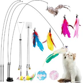 ZooZoo 14PCS Interactive Cat Feather Toy Set for Indoor Cats, Active Play Kit with Door Hanging Toy, Double-Sided Suction Cat Wand with Feathers, Mice & Fur Balls, Encourages Hunting, Jumping, Chasing