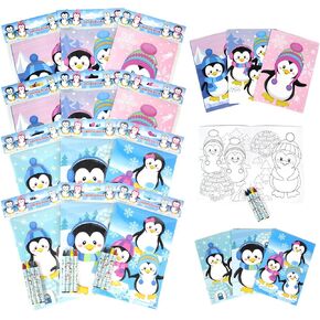 TINYMILLS Penguins Coloring Book Set with 12 Coloring Books and 48 Crayons Penguins Birthday Party Supplies Favor Bag Filler Carnival Prizes Rewards Classroom Party