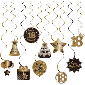 Happy 18th Birthday Party Hanging Swirls Streams Ceiling Decorations, Celebration 18 Foil Hanging Swirls with Cutouts for 18 Years Old Black and Gold Birthday Party Decorations Supplies