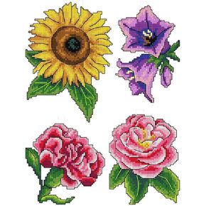 Counted Cross-Stitch Kit on Plastic Canvas with Flowers. 4 Wonderful Ornaments Different Dimensions 124CS. Marvelous for Embroidery & Needlework Amateurs