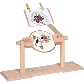 Adjustable Wood Embroidery Hoop Stand, 360 Degrees Rotatable Cross Stitch Stand, Natural Beech Wood Embroidery Hoop Holder Frame, Desktop Wooden Stand for Needlepoint Sewing Craft