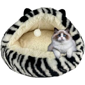 Hooded Plush Cat Bed Cave, Comfy for Indoor Cats, Calming Soft Faux Fur, Anti-Anxiety Plush Hooded Cat Cave with Fluffy Hanging Ball, Washable Anti-Slip, Playful Pet Bed(Black/White, M)