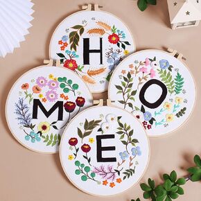 LOMOHOO 4 Sets Embroidery Kit for Beginner Hand Embroidery Stitch Practice Kit, Home Flower Pattern DIY Needle Point Kit for Adult Starter, Includes Threads Needles Kit, 1 Plastic Hoop, Instruction
