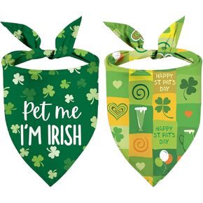St Patricks Day Dog Bandanas - Lucky Shamrock Puppy Scarf - 2 Pcs Adjustable Triangle Double Layer Reversible Pet Bandanas for Small Medium Large Dogs