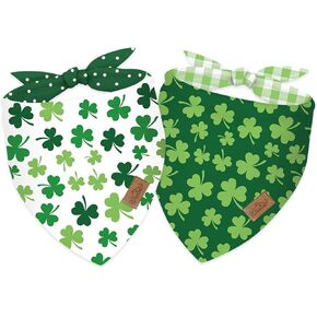 Whaline 2Pcs St. Patrick's Day Dog Bandana Green Shamrock Triangle Pet Scarf Lucky Clover Adjustable Pet Neckerchief Dog Bib for Medium Large Dog Cat Birthday Costume Accessories