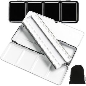 26 Pcs White Plastic Empty Watercolor Paint Pans, Empty Watercolor Pans with Metal Watercolor Tin, Empty Watercolor Palette Tin, Watercolor Water Container for Travel Gouache Oil Painting (Black)