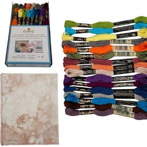 Exclusive Colors Collection Embroidery Thread Bundle - DMC Embroidery Floss Pack 8.7yd Holiday Decor 16Pkg with Aida 14 Count Tan Hand-Dyed Cross Stitch Fabric by VolcanoStitching