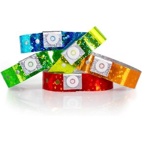 500 WristCo Variety Pack Holographic Plastic Wristbands for Events – Extended Wear, Glowing Color Prevents Reuse – Premium-Grade Bracelets for Hospital & Medical ID, Party & VIP Identification
