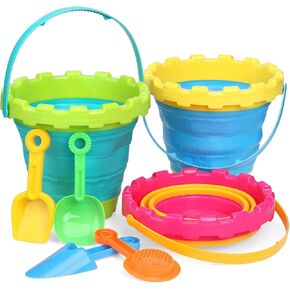 Dilabnba Collapsible Foldable Beach Sand Buckets and Shovels Toys for Kids Toddlers, 3PCS 2.5 L Portable Silicone Beach Sand Pails Buckets for Travel Camping Sandbox Garden Beach Party