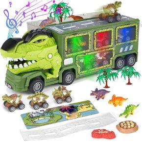 Dinosaur Truck Toy for Kids - 15 in 1 Dinosaur Toy Set for Boys, with 5 Pull Back Dinosaur Cars and 3 Dinosaur Figures, Dinosaur Truck Toy with Music and Lights