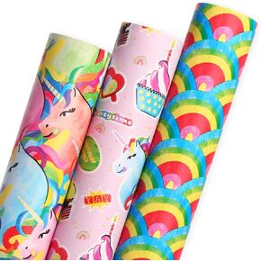 Ribbli Unicorn Birthday Wrapping Paper 3 Rolls Colorful Rainbow Gift Wrapping Paper for Girls Kids Baby Shower - Mini Roll 17 inch x 120 inch(10feet) Per Roll