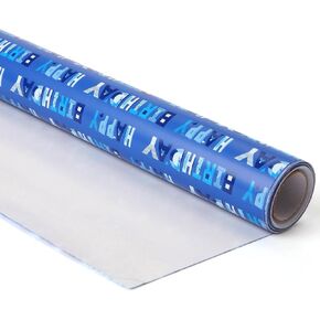 wishinside Birthday Wrapping Paper Roll-17 Inches X 32.8 Feet, Mini Roll, Blue Happy Birthday Design Wrap Paper for Men's Birthday Party, Kids' Parties, Baby Shower, or Baby Boy, 1 Roll