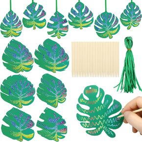 36 Sets Palm Sunday Crafts for Kids, Religious Leaves Scratch Hanging Ornaments DIY Rainbow Christian Easter Crafts Kits with Wood Stick and Ribbon for Palm Sunday Party Decor